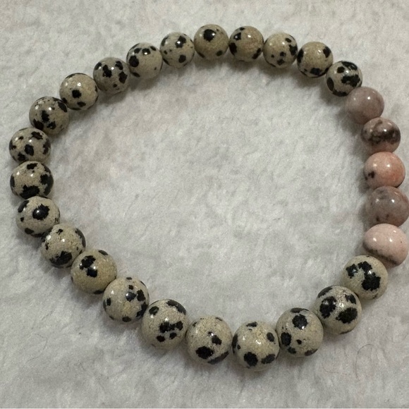 Dalmatian Jasper and Pink Stone Beaded Stretch Bracelet - Picture 2 of 3
